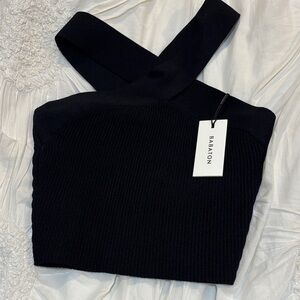 Babaton Navy Cross-Strap Ribbed Top